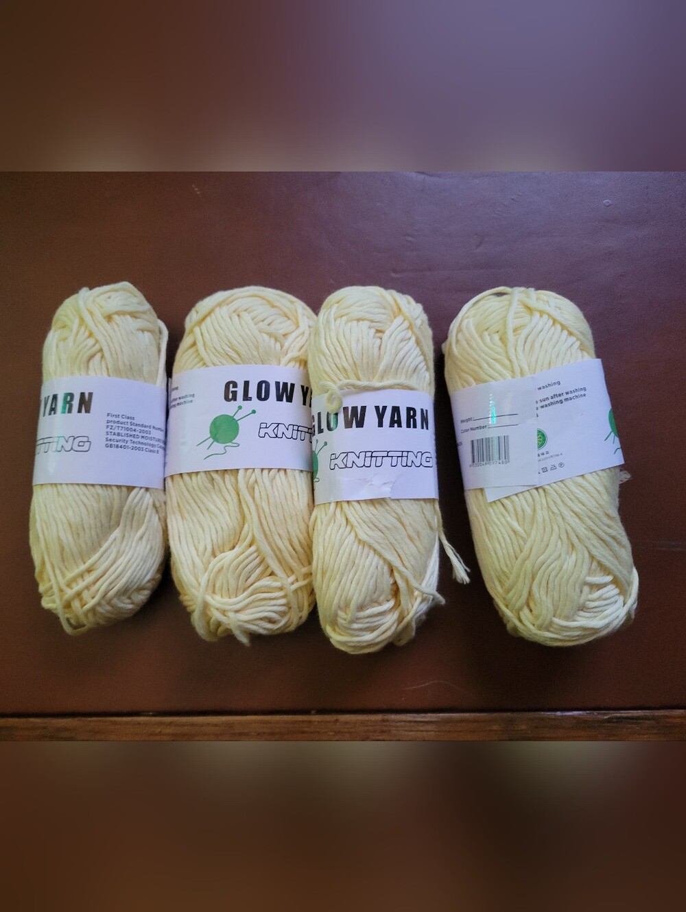 Lot Of 4 Glow in the Dark Yarn Pale Yellow 50m Rolls